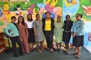 (L-R) - Eulana Batson–CPS; Sharon Liburd–EPPS; Sasha McDermott–VOJN; Marva Roberts–(formerly CSS); Londa Brown- School Library Coordinator; Julitta Parris – STTPS; Blondell Davis (Formerly JLPS); Bernadette Caines – CPS. Missing from Photo: Carian Dore-GSS; Corril Clarke- IWPS; June Kelly - STJPS
